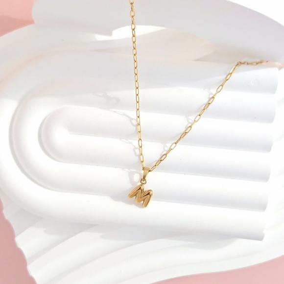 NEW Gold Mini Bubble Letter M Pendant on Dainty Paperclip Chain Necklace - Picture 3 of 7